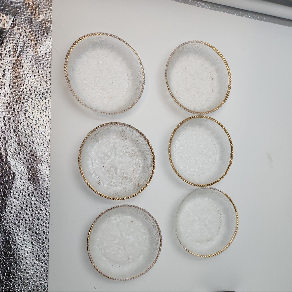 Set Of 6 Jeanette  Glass Ice Tea Coasters From 50's Harp & Lyre Clear Gold Rims